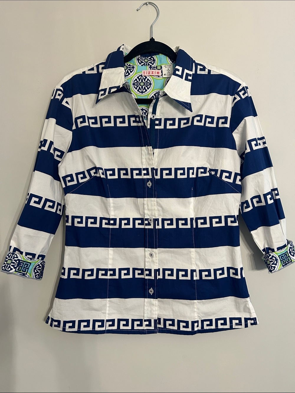 Tizzie Navy & White Greek Key Button-Down Shirt